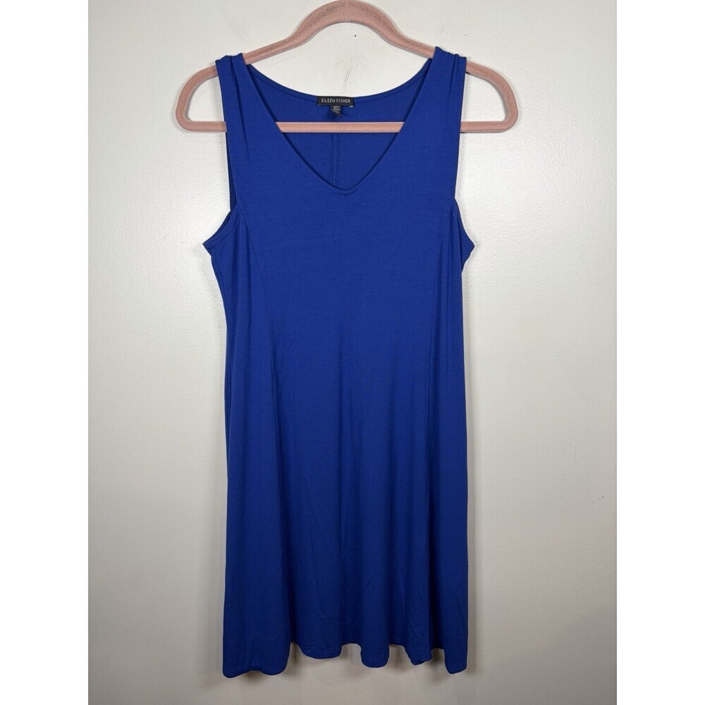 Eileen Fisher V-Neck Jersey Flare Dress Size XS Adriatic Blue Wrinkle Resistant - Picture 2 of 7